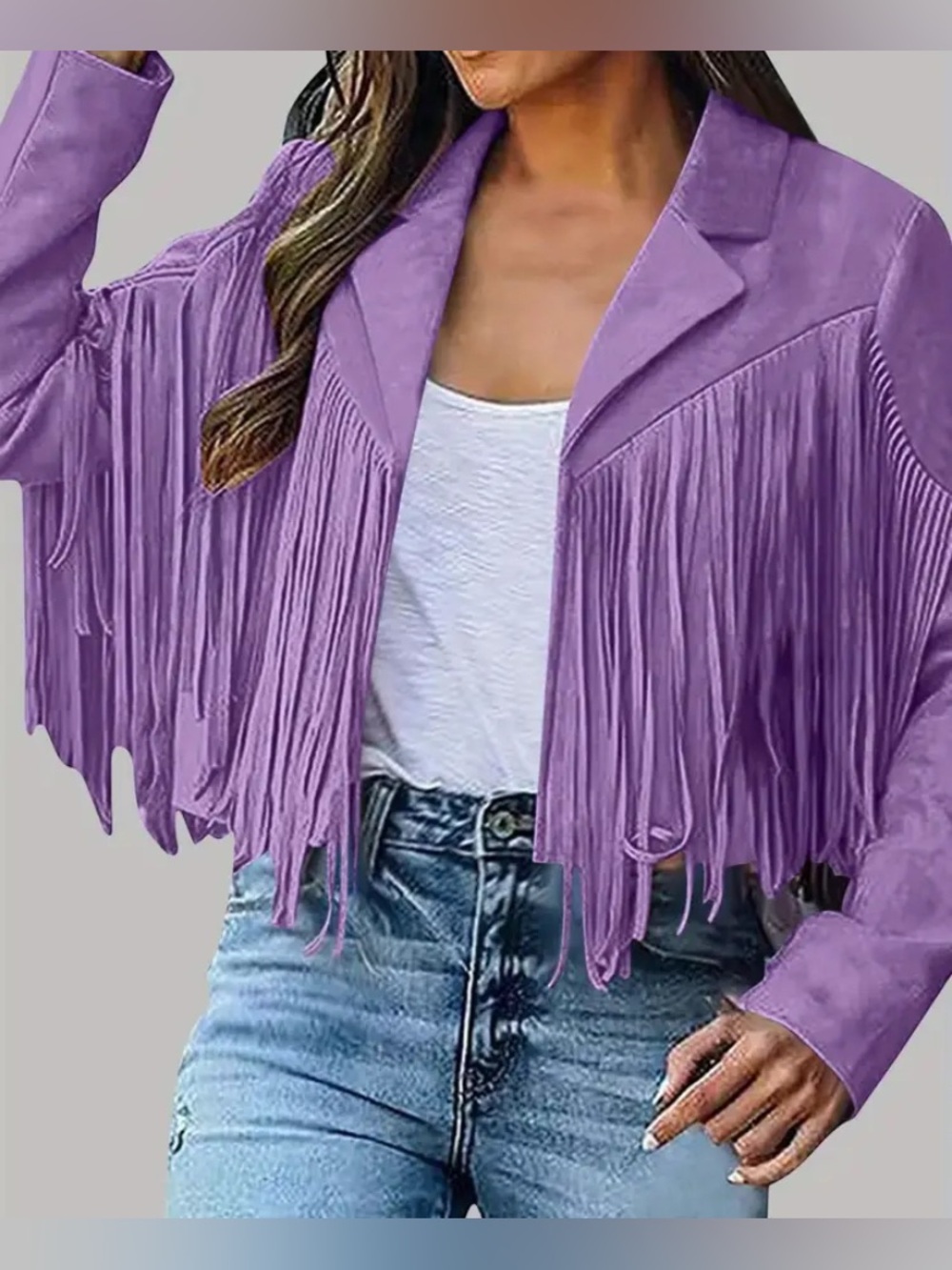 WESTERN Lavender Fringe Cropped Faux Suede Jacket